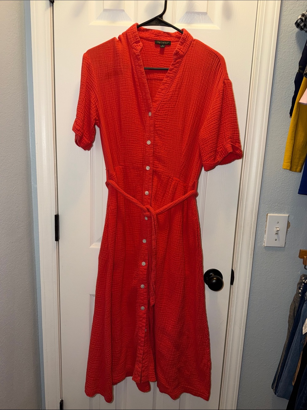 For Cynthia Bright Red Button-Front Maxi Shirt Dress